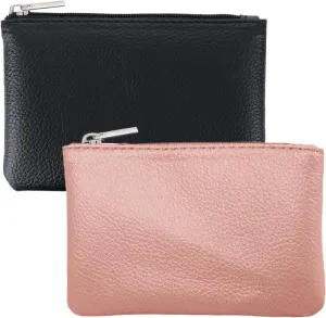 2 Pack Leather Zipper Coin Purse, Portable PU Leather Coin Purse,Mini Coin Pocket Pouch Change Holder, Coin Pouch with Zipper for Men Women Headset Credit Card ID Key Lipstick (Black&Pink)