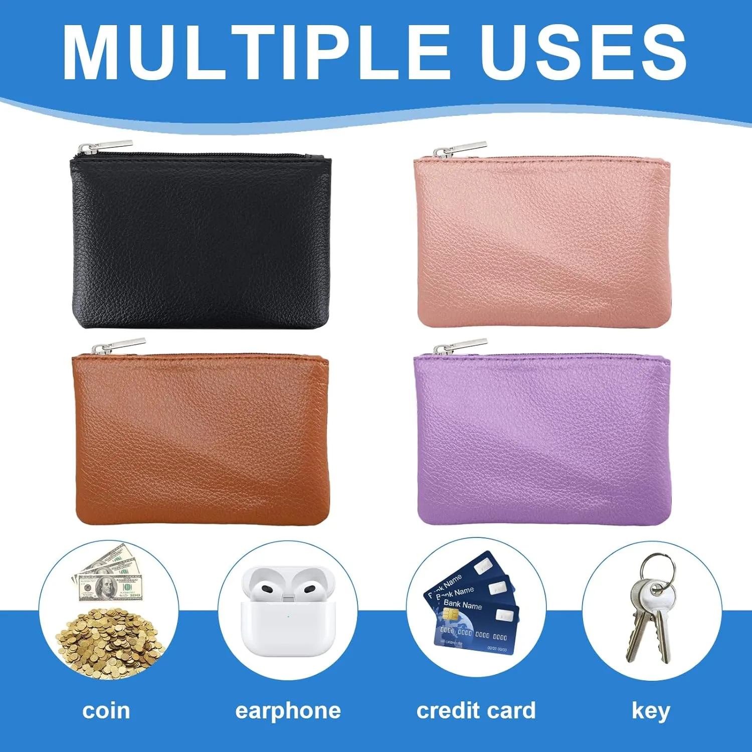 4 Pack Leather Zipper Coin Purse, Portable PU Leather Coin Purse,Mini Coin Pocket Pouch Change Holder, Coin Pouch with Zipper for Men Women Headset Credit Card ID Key Lipstick(4 color)