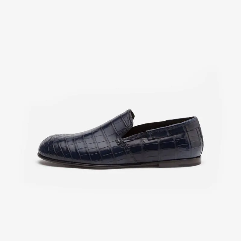 Blue Calf Croc-Embossed Loafers