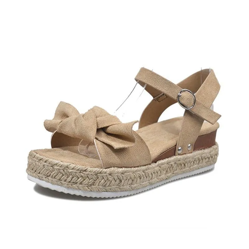 Chicvane Bowknot Espadrille Shoes with Buckle Wedge Sandals