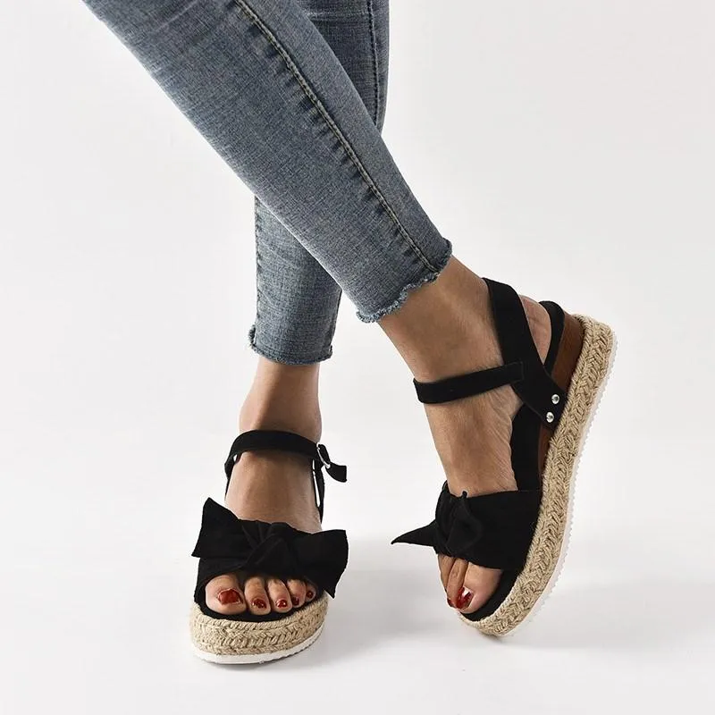 Chicvane Bowknot Espadrille Shoes with Buckle Wedge Sandals
