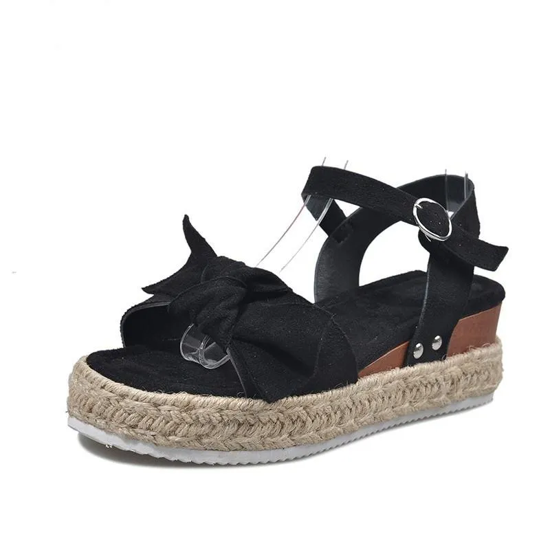 Chicvane Bowknot Espadrille Shoes with Buckle Wedge Sandals