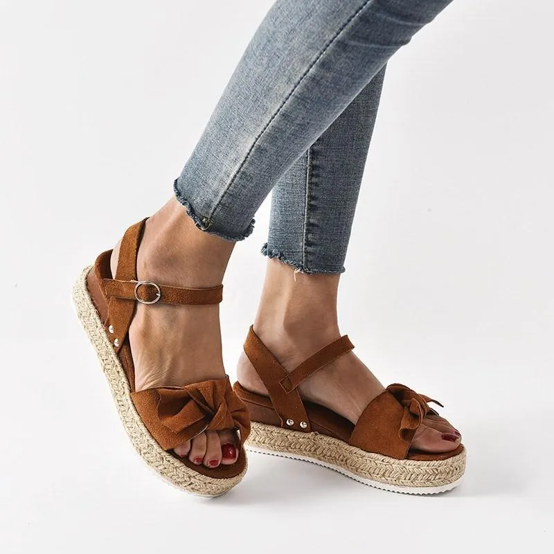 Chicvane Bowknot Espadrille Shoes with Buckle Wedge Sandals