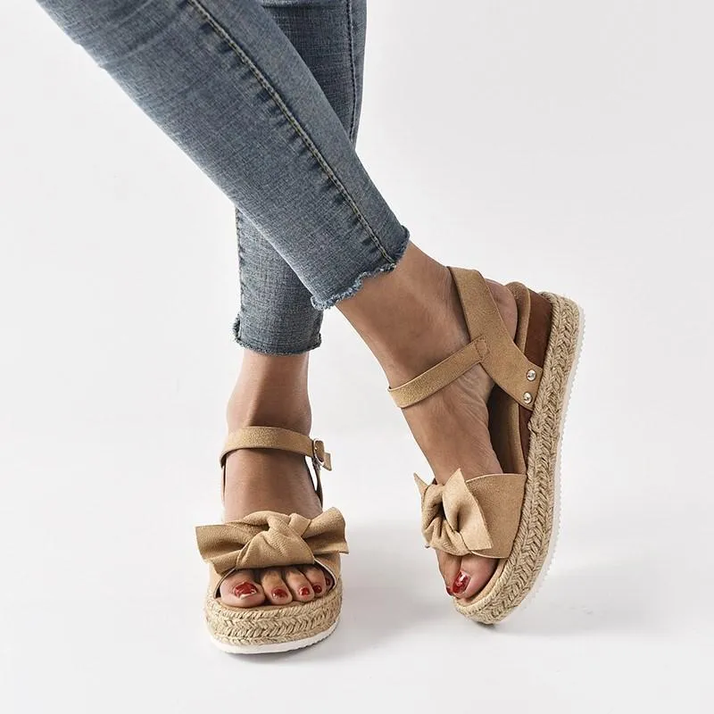 Chicvane Bowknot Espadrille Shoes with Buckle Wedge Sandals