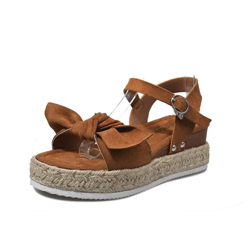 Chicvane Bowknot Espadrille Shoes with Buckle Wedge Sandals