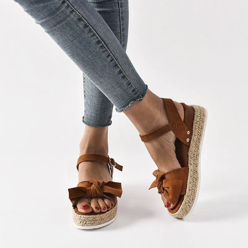 Chicvane Bowknot Espadrille Shoes with Buckle Wedge Sandals
