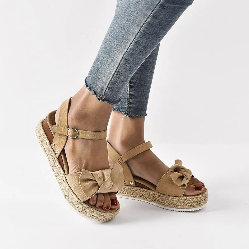 Chicvane Bowknot Espadrille Shoes with Buckle Wedge Sandals