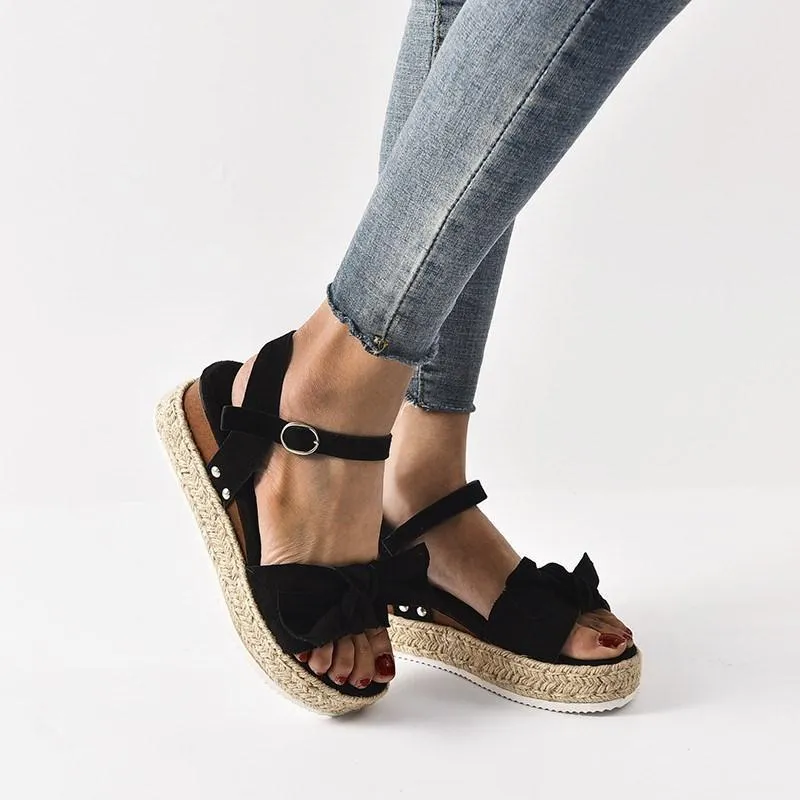 Chicvane Bowknot Espadrille Shoes with Buckle Wedge Sandals