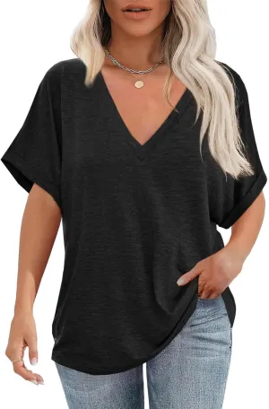 Cicy Bell Womens Summer Oversized T-Shirts V Neck Rolled Short Sleeve Casual Tops Loose Fit Tunic Tees