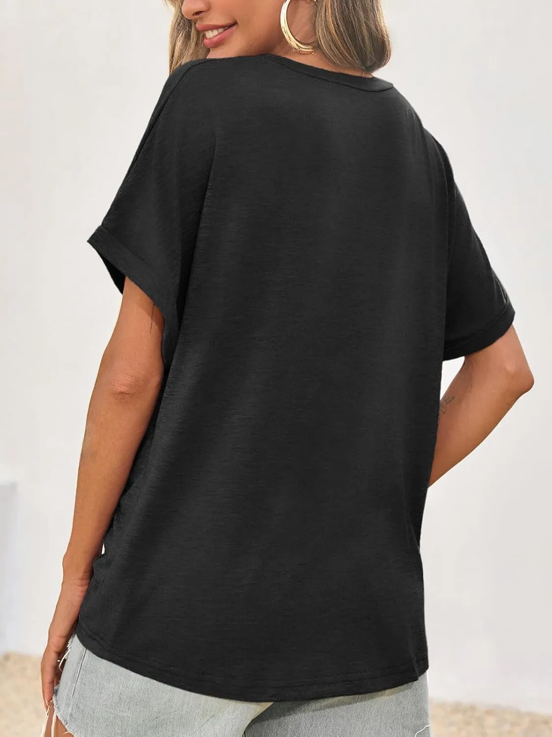Cicy Bell Womens Summer Oversized T-Shirts V Neck Rolled Short Sleeve Casual Tops Loose Fit Tunic Tees