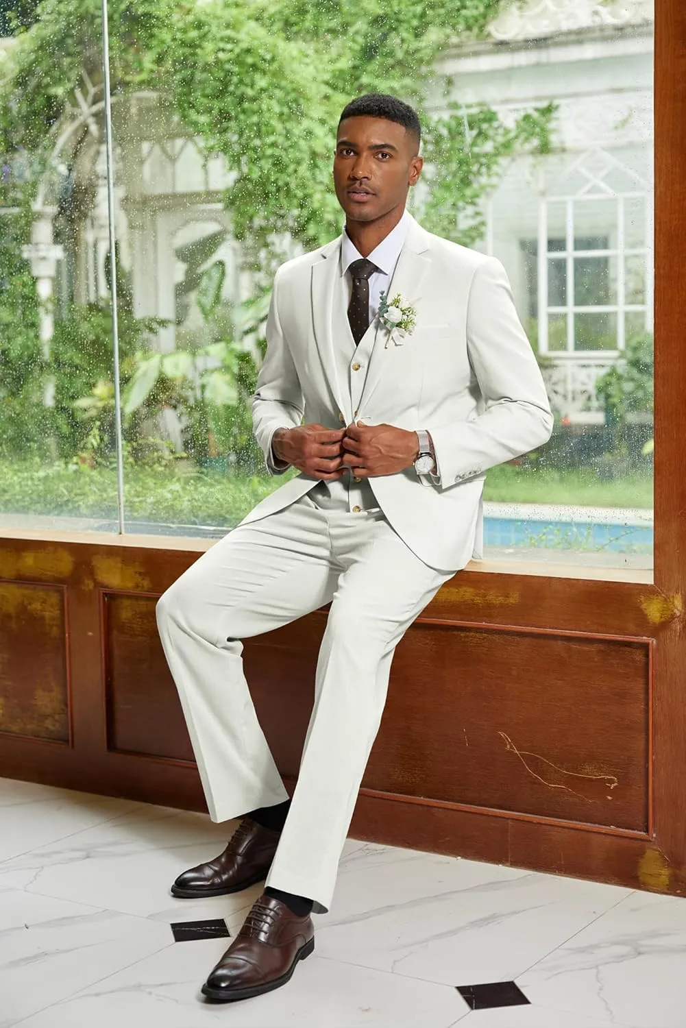 COOFANDY Men's 3 Piece Linen Suits Casual Lightweight Blazer Jackets Vest Pants Set for Wedding Business Prom