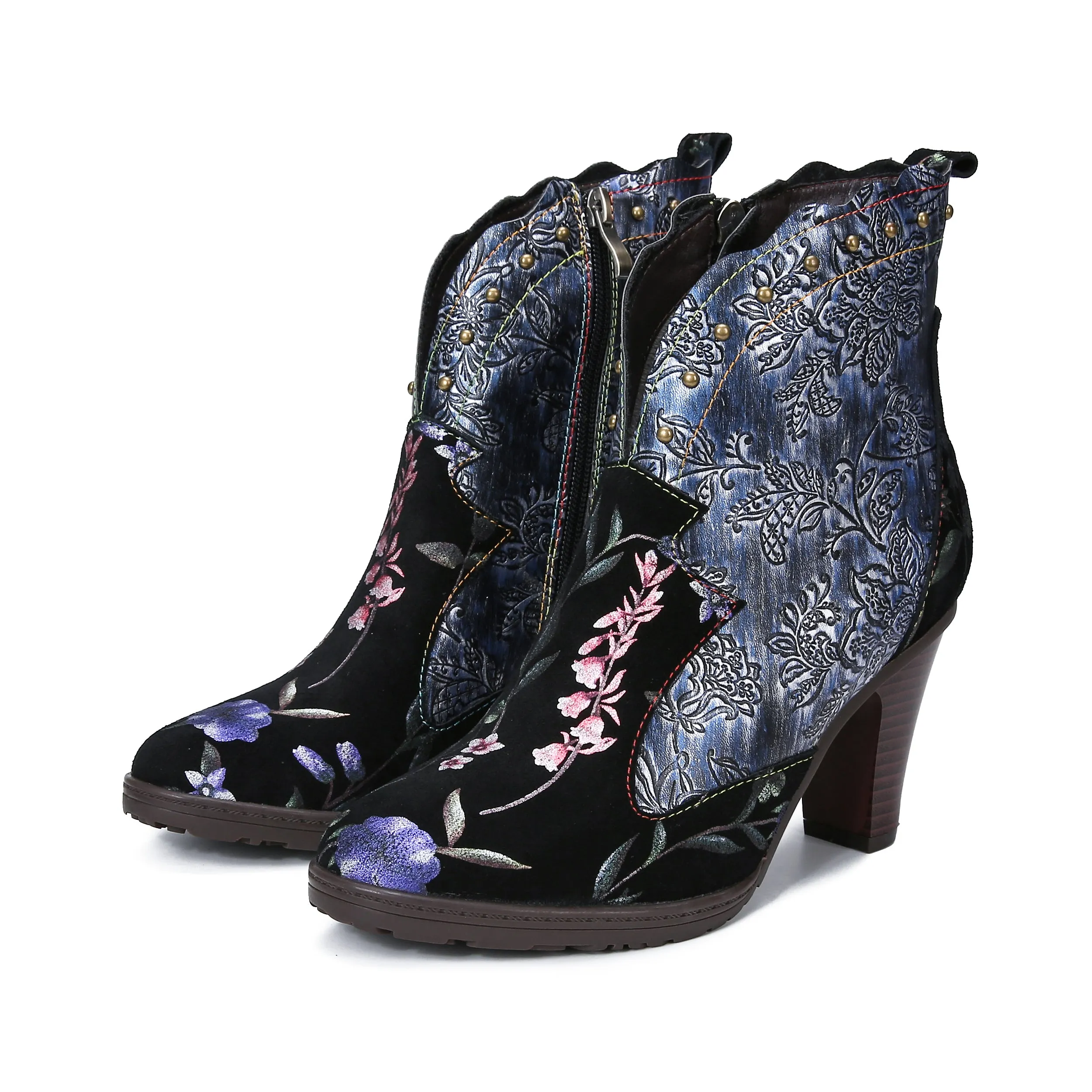 CrazycatZ Womens  Boots Bohemian Block Heel Leather Floral Boots Colorful Leather