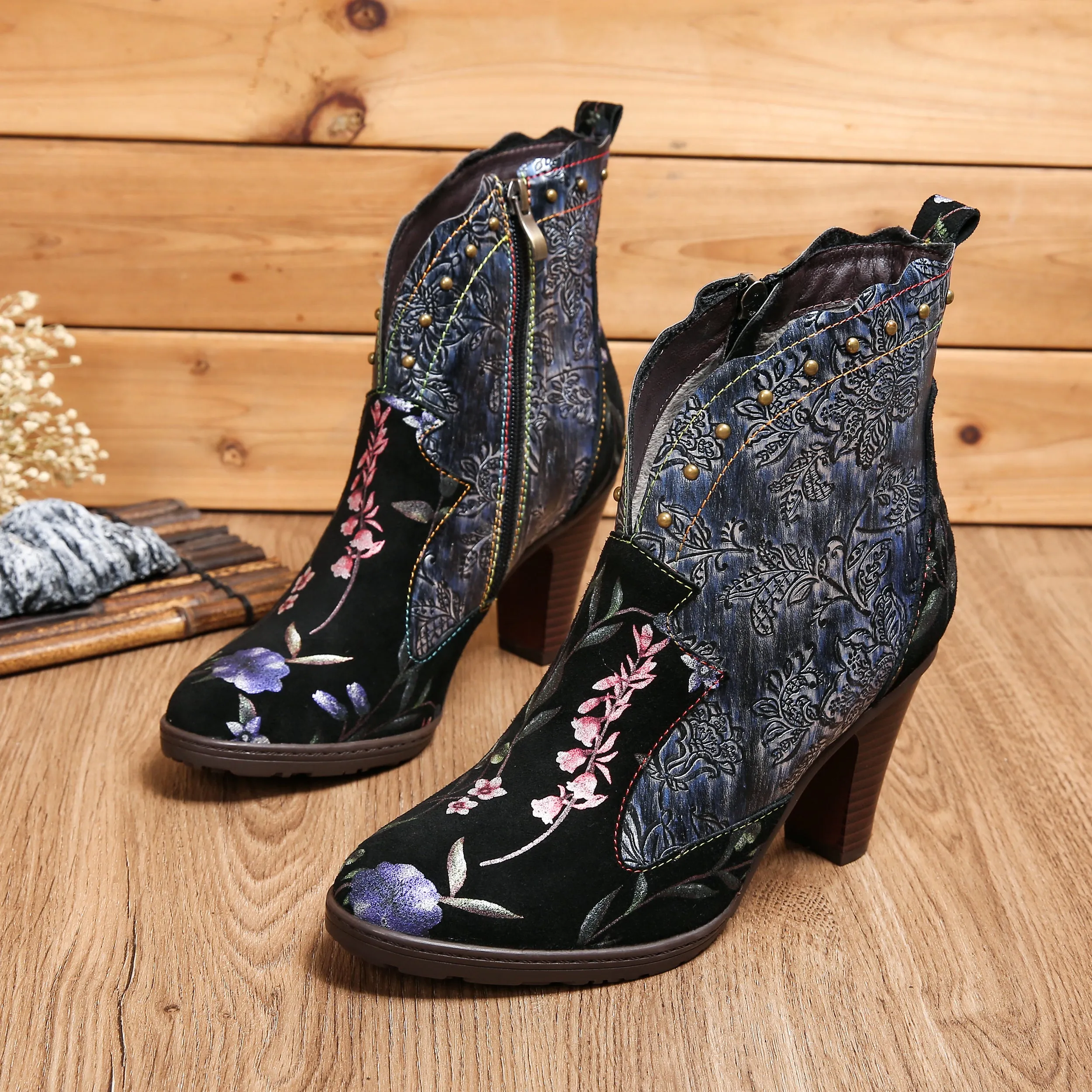 CrazycatZ Womens  Boots Bohemian Block Heel Leather Floral Boots Colorful Leather