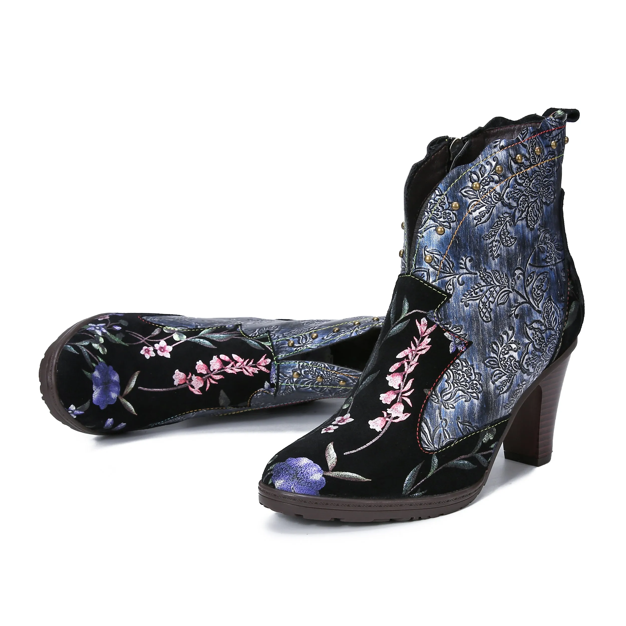 CrazycatZ Womens  Boots Bohemian Block Heel Leather Floral Boots Colorful Leather