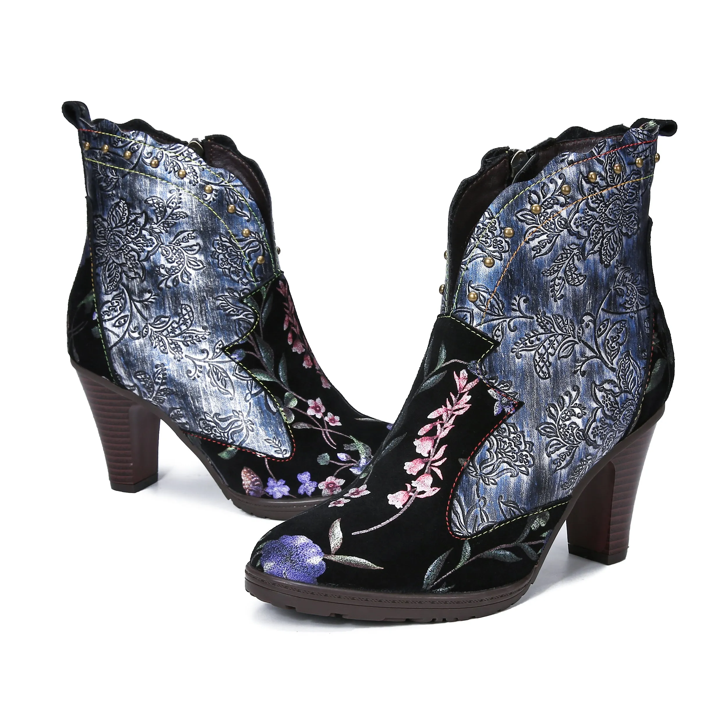 CrazycatZ Womens  Boots Bohemian Block Heel Leather Floral Boots Colorful Leather