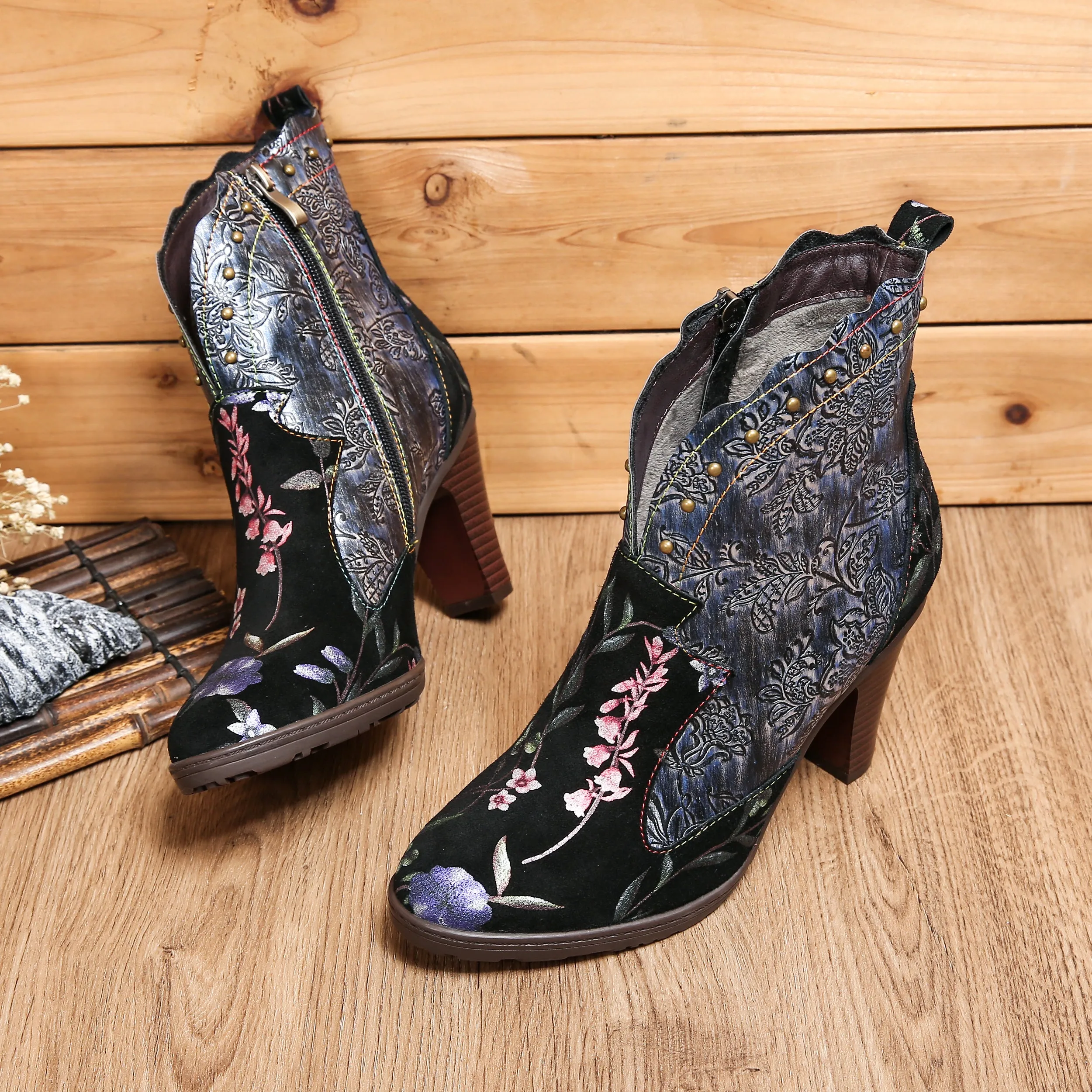 CrazycatZ Womens  Boots Bohemian Block Heel Leather Floral Boots Colorful Leather