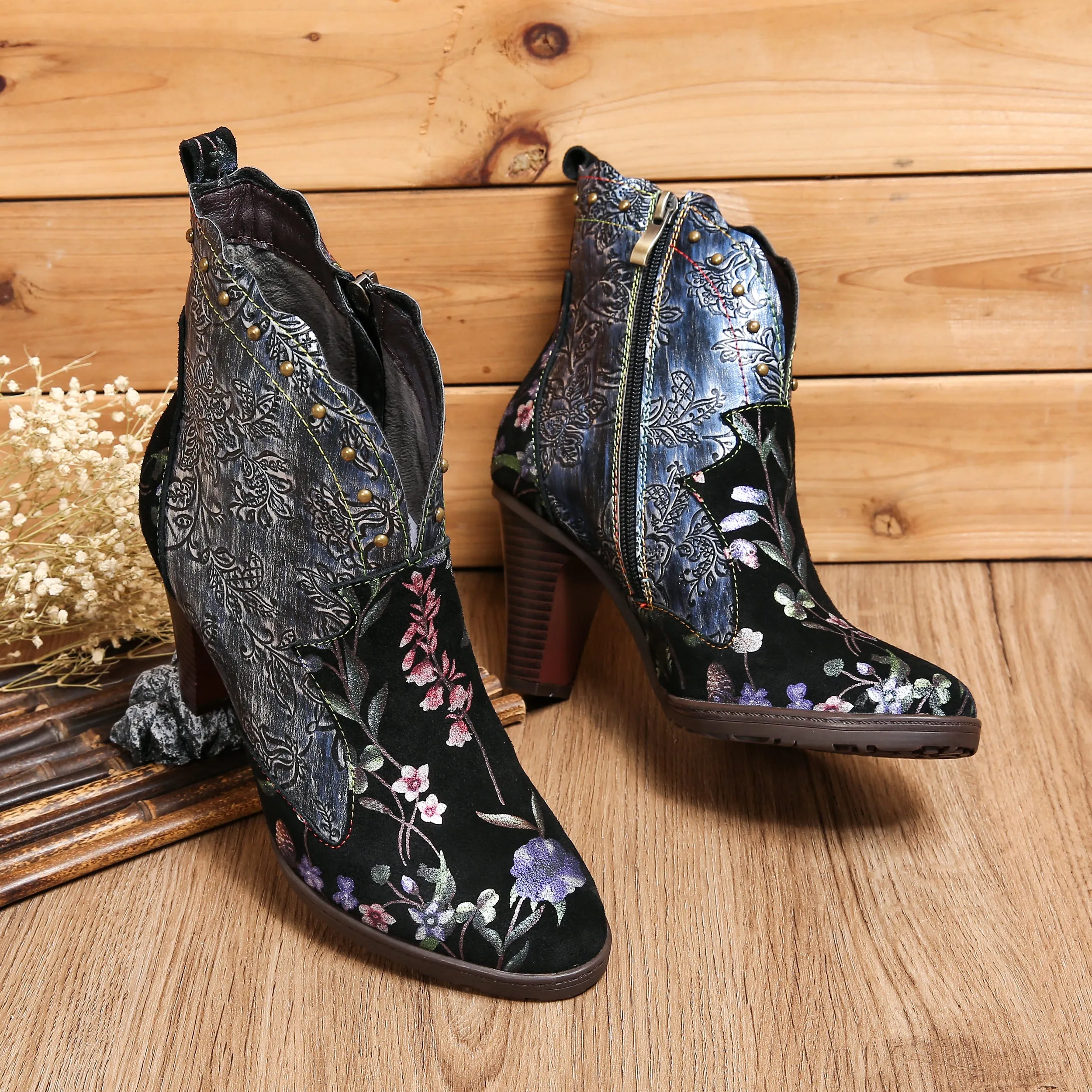 CrazycatZ Womens  Boots Bohemian Block Heel Leather Floral Boots Colorful Leather