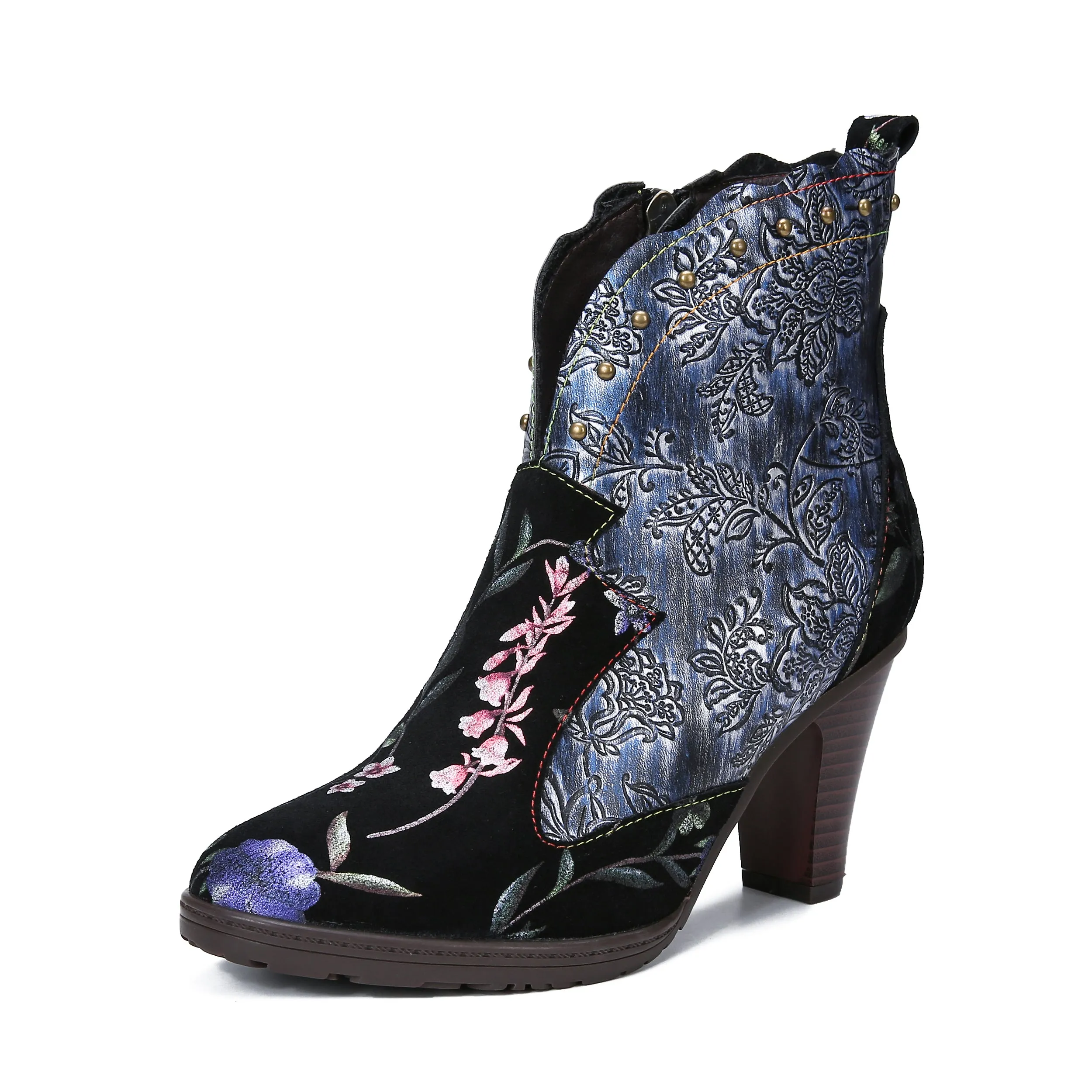 CrazycatZ Womens  Boots Bohemian Block Heel Leather Floral Boots Colorful Leather