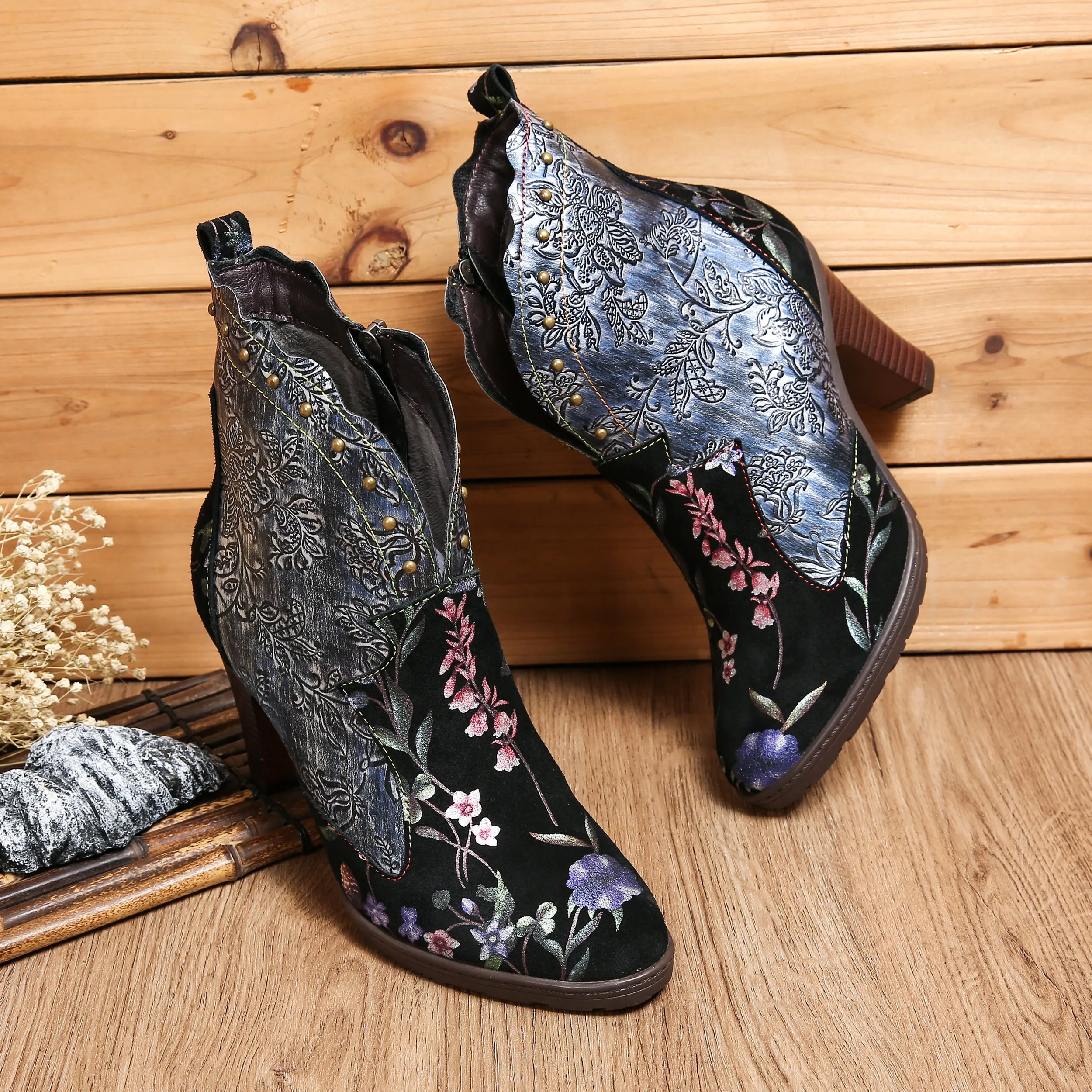 CrazycatZ Womens  Boots Bohemian Block Heel Leather Floral Boots Colorful Leather