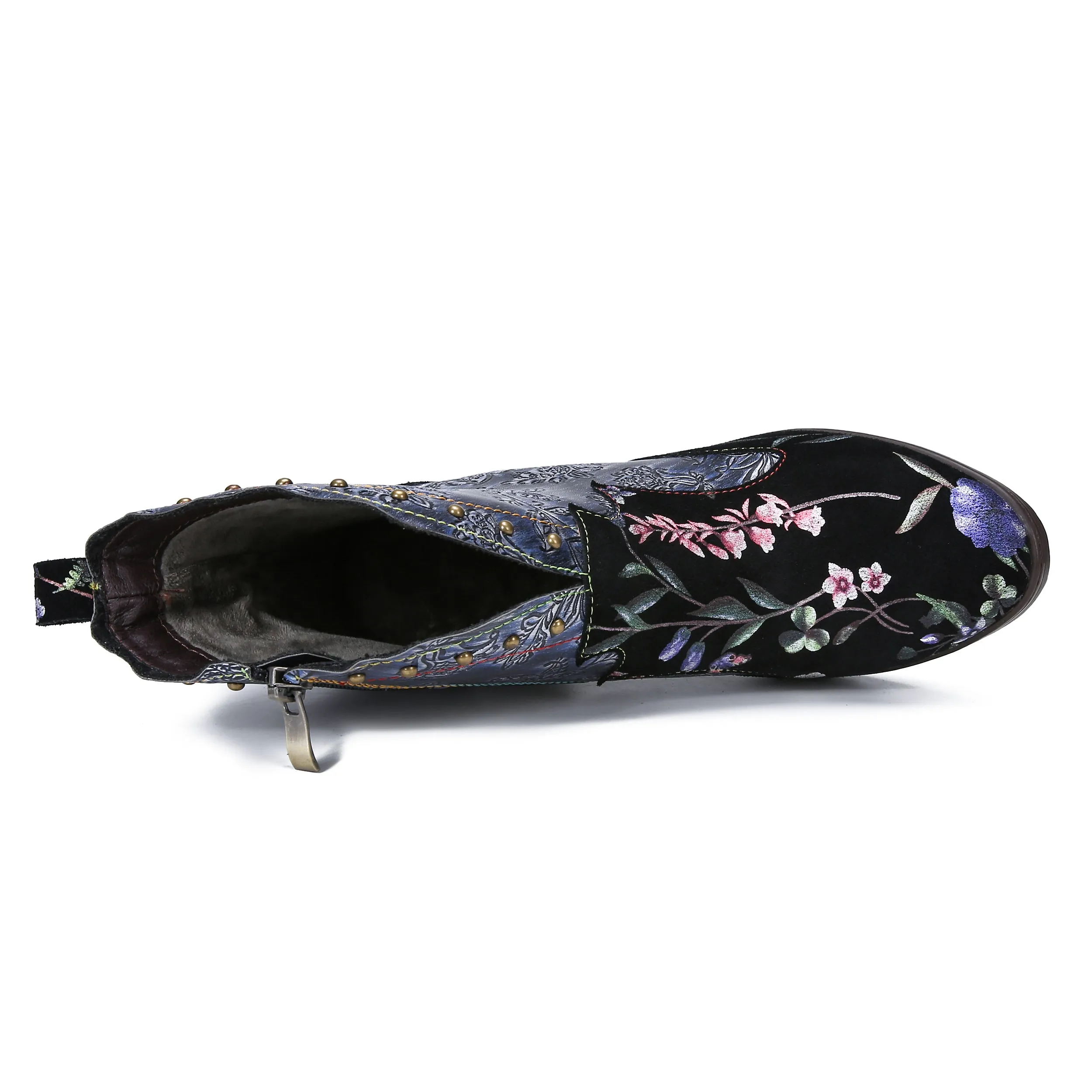 CrazycatZ Womens  Boots Bohemian Block Heel Leather Floral Boots Colorful Leather