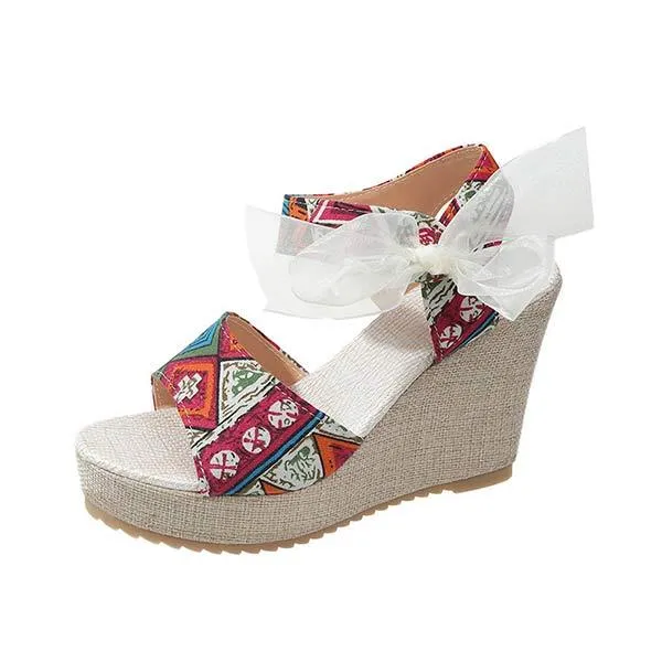 Women's Peep Toe Sandals with Bow Detail and Thick Wedge Heel 85897864C