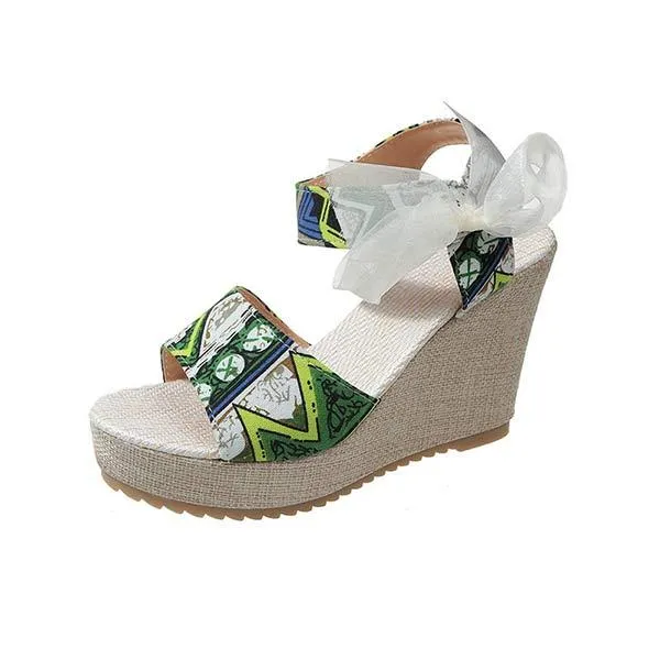 Women's Peep Toe Sandals with Bow Detail and Thick Wedge Heel 85897864C