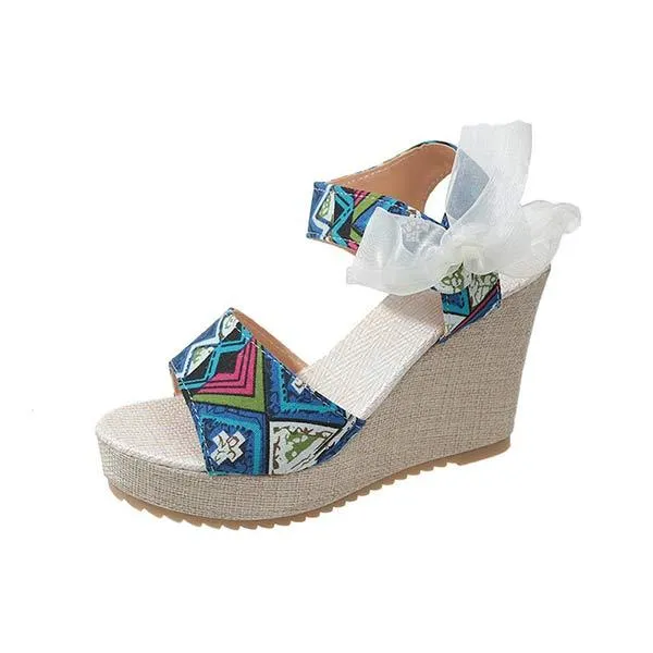 Women's Peep Toe Sandals with Bow Detail and Thick Wedge Heel 85897864C