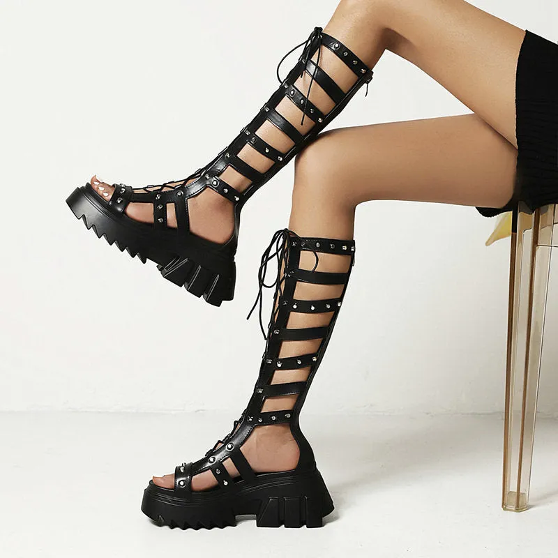Women's rivets black punk knee high gladiator sandals
